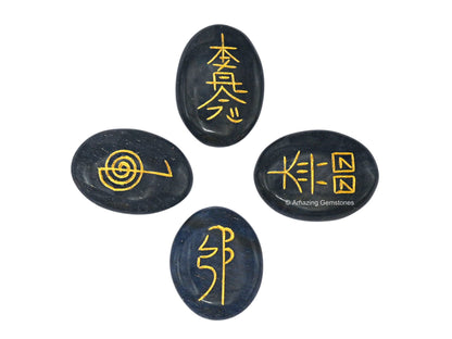 Amazing Gemstone Blue Aventurine Crystal Reiki Stones with Engraved Symbols for Usui Reiki Healing, Set of 4 Pcs (Indian Handmade Reiki Gift Set)