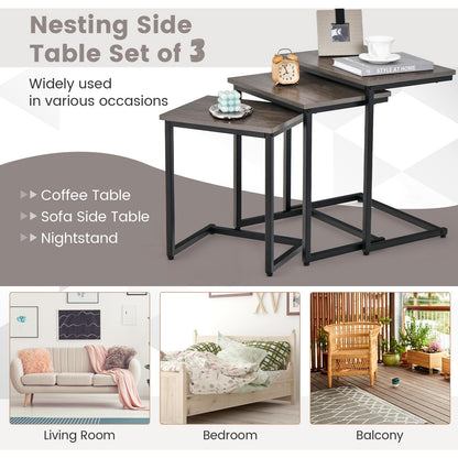 Tangkula Nesting Table Set of 3, Rectangle Stacking Side End Table w/Wood Top & Metal Legs, Adjustable Foot Pads, C-Shaped Accent Coffee Tables for Small Spaces, Living Room (C-Shaped, Gray, 3-pc)