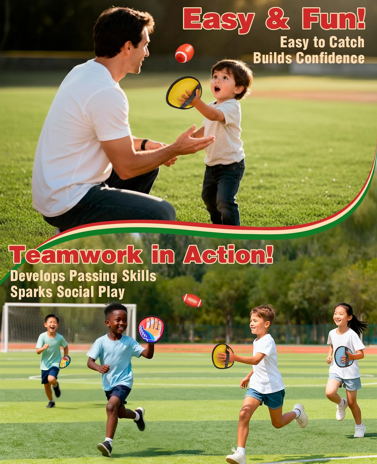JoyCat Football Toss and Catch Ball Game for Kids, 4 Paddles & 4 Soft Footballs, American Football Training Set for Backyard Beach, Sports Outdoor Toys Birthday Gift Idea for Boys Girls Ages 3-12