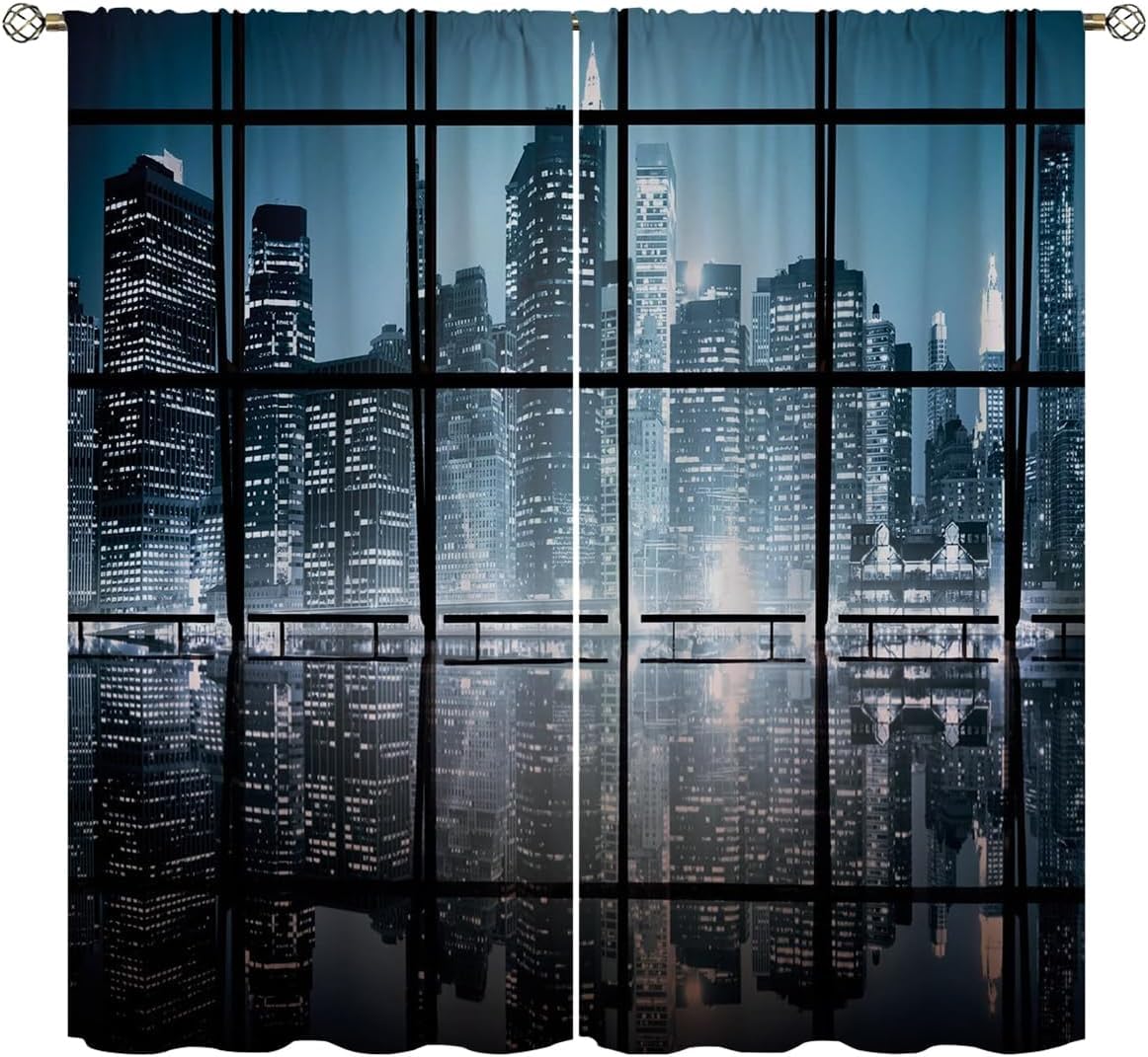 City Blackout Curtains for Home Decor,NY City Scenery at Night with Skyscrapers Buildings Rod Pocket Thermal Insulated Drapes Darkening Window Curtain for Girls Boy Bedroom Living Room 84 x 84 Inch