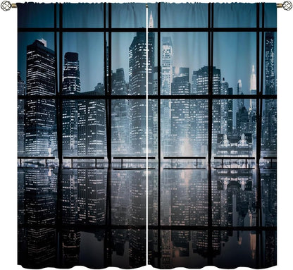 City Blackout Curtains for Home Decor,NY City Scenery at Night with Skyscrapers Buildings Rod Pocket Thermal Insulated Drapes Darkening Window Curtain for Girls Boy Bedroom Living Room 84 x 84 Inch