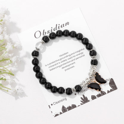 Black Tourmaline Bracelet for Women 8mm Adjustable Butterfly Charm Bracelet Black Crystal Bracelet Obsidian Bracelet Black Onyx Bracelet Black Obsidian Jewelry for Women
