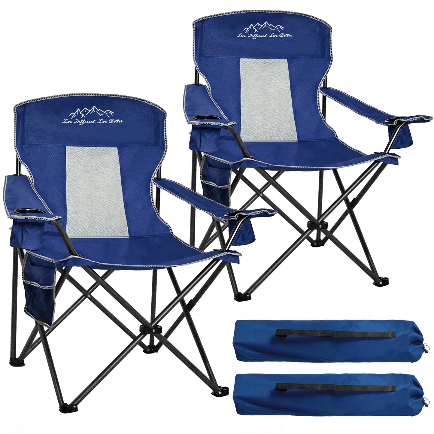 SAILARY Outdoor Folding Camping Chair with Cup Holder, Storage Bag, Large Anti-Sink Feet, 400lbs Capacity, 2 Pack Breathable Mesh Portable Chair for Camping, Beach, Fishing, Sports, Blue