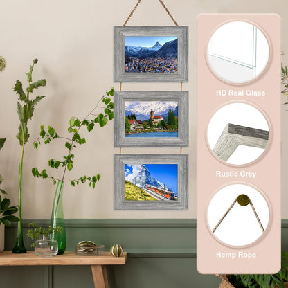 Rexllon 4x6 Picture Frames Collage Wall Decor, Wall Hanging Picture Frames Collage with 3 Opening, Photo Frame for Family Friends Kids Distressed Grey Frames