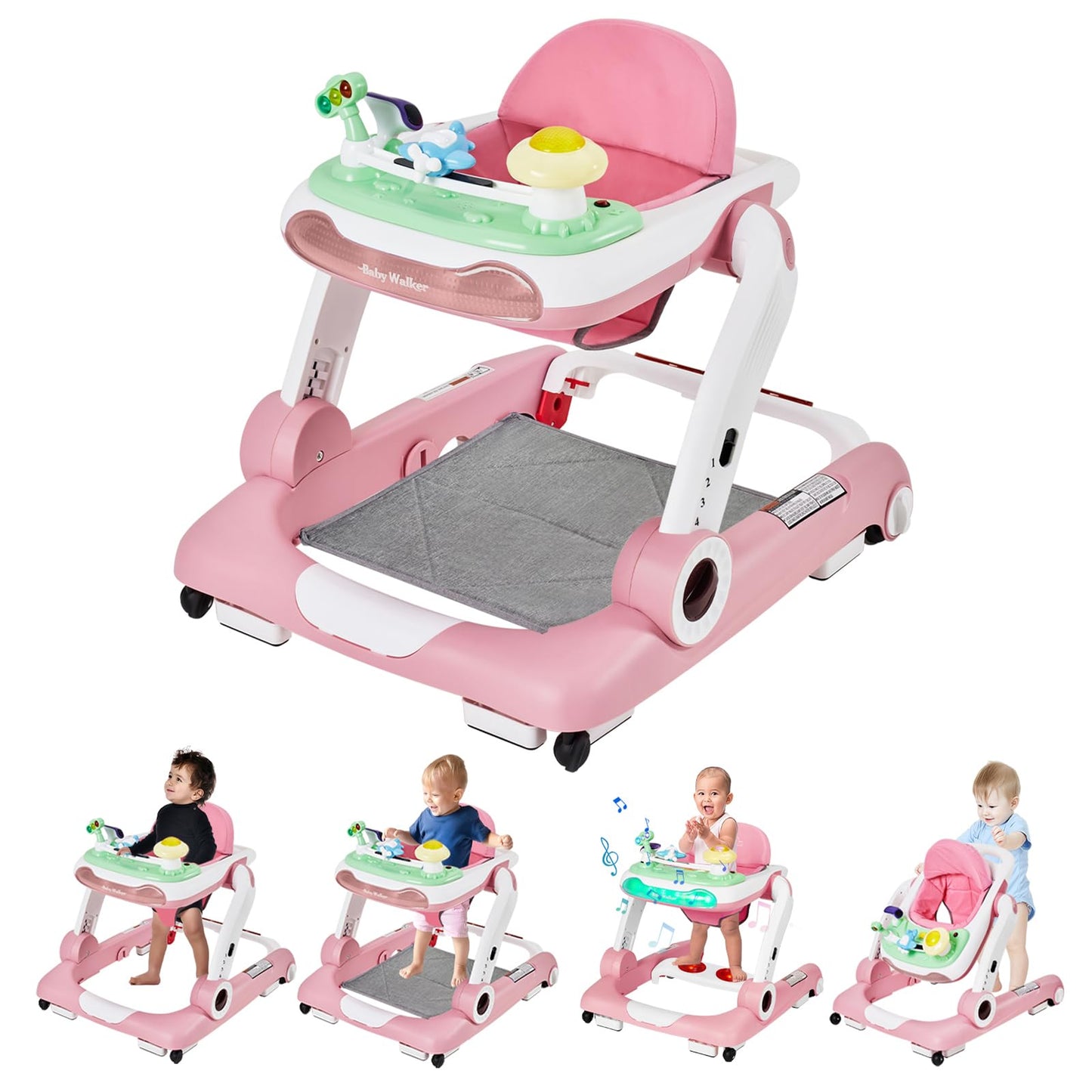 5-in-1 Baby Walker with Wheels, Baby Walkers for Boys Girls 6-18 Months, Foldable Adjustable Walker with Bouncer, Feeding Tray, Music & Detachable Footrest(Pink)