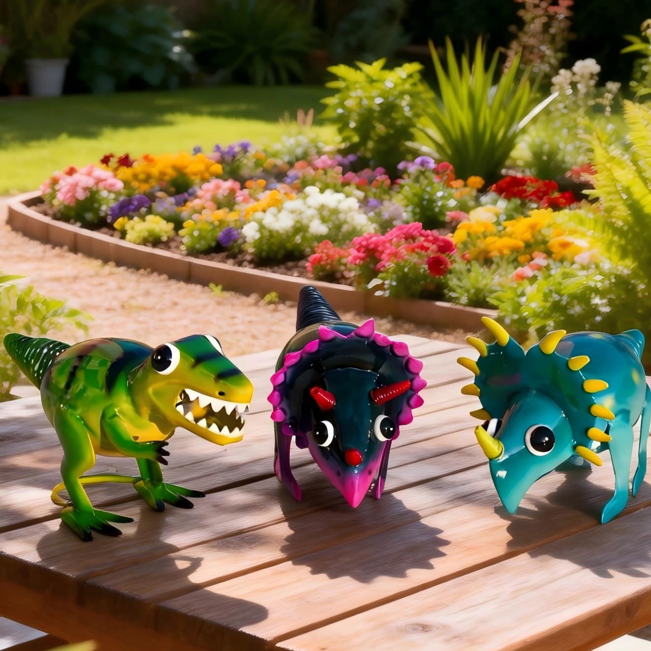 Natelf Dinosaur Metal Decorative Garden Set of 3, Yard Art Home Sculpture Gifts for Women Men Mom Birthday Gifts, Outside Statues for Lawn Ornaments, Outdoor Decorations