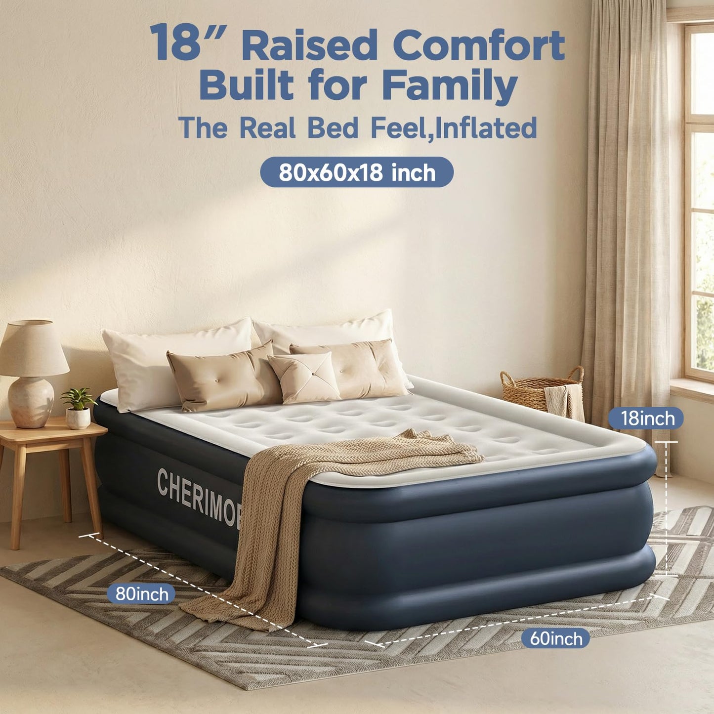 CHERIMOR Queen Air Mattress with Built in Pump, 18" Elevated Height, 48Hr Leak-Tested, Honeycomb Coil Support, 800 lbs Capacity, Fast 3-Min Inflation Blow Up Mattress for Guest Room & Sleepover