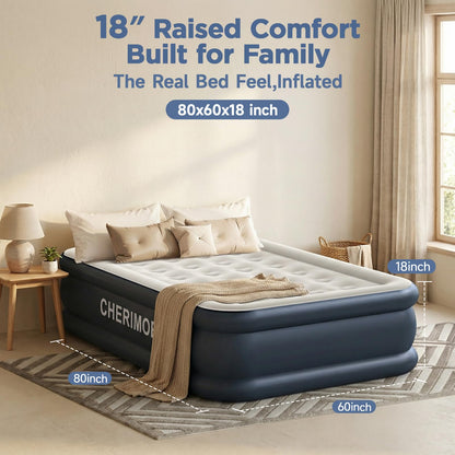 CHERIMOR Queen Air Mattress with Built in Pump, 18" Elevated Height, 48Hr Leak-Tested, Honeycomb Coil Support, 800 lbs Capacity, Fast 3-Min Inflation Blow Up Mattress for Guest Room & Sleepover