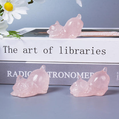 Rose Quartz Crystal Cat Figurines, 2 Inch Pink Kitten Statues for Kitten Lovers and Collectibles, Cat Decor Fingurines for Home Desk Office, Carved Healing Crystal Reiki Animal Gifts for Women