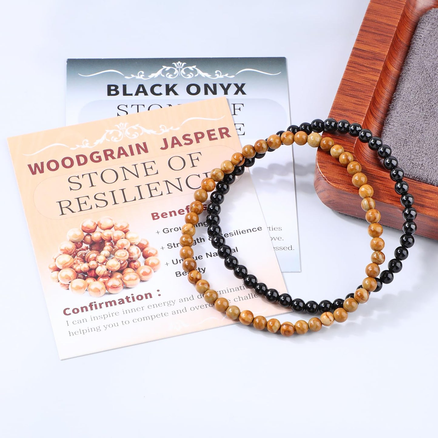 NCB 2-Piece 4mm Natural Crystal Gemstone Stretch Bracelets – ﻿Black Onyx, Woodgrain Jasper Handmade Reiki Energy Healing Jewelry for Meditation,Yoga, Unisex