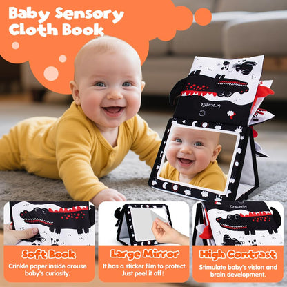 Yohome Black and White Baby Books for Newborn, Tummy Time Mirror, Baby Mirror Infant Toys with Soft Cloth Book, High Contrast Baby Toys, 3D Activity Crinkle Pages Sensory Tummy Time Toys for Babies