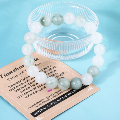 AD Beads 6mm Handmade Tianshan Jade Elastic Bracelet – Natural Gemstone for Purity and Tranquility – Meditation, Yoga, Healing and Energy Gift for Men Women