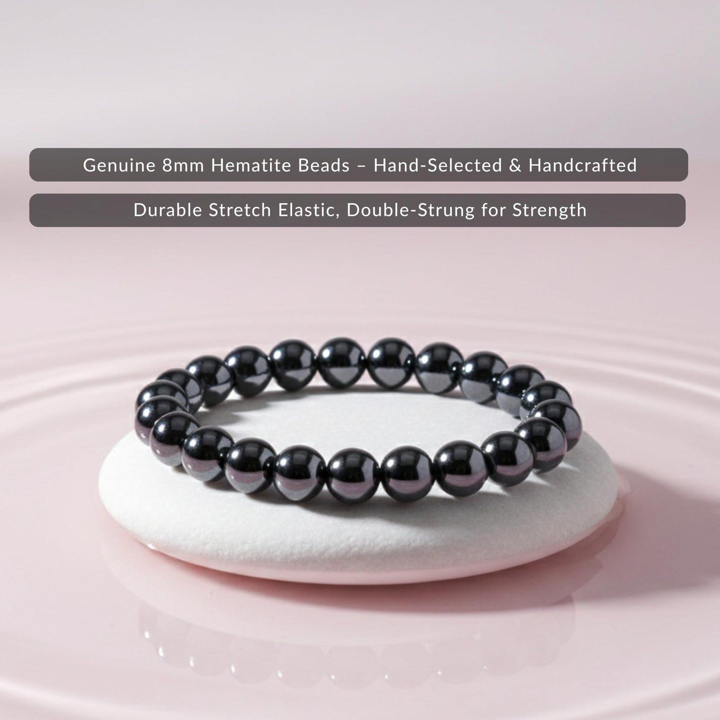 Cherry Tree Collection Hematite Beaded Bracelet – Genuine 8mm Gemstone Stretch Bracelet for Men & Women – Handmade Crystal Bracelet - (Hematite - S)