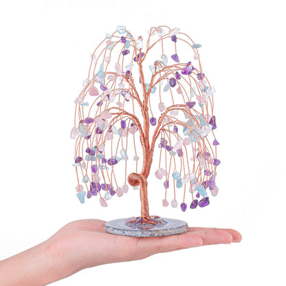 Jovivi Natural Healing Crystals Amethyst/Rose Quartz/Aquamarin Tree Tumbled Gemstone Stones Money Tree, Geode Agate Slices Base Feng Shui Ornaments Home Decoration for Wealth and Luck 5.5"-6.3"