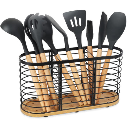 witarten Utensil holder for Kitchen Counter- Large Utensils Holder For Farmhouse Cooking 13.5" x 4.3" x 6.9" with Wooden Base Matte Black Cooking Utensil Holder Spatula Holder Utensil Caddy