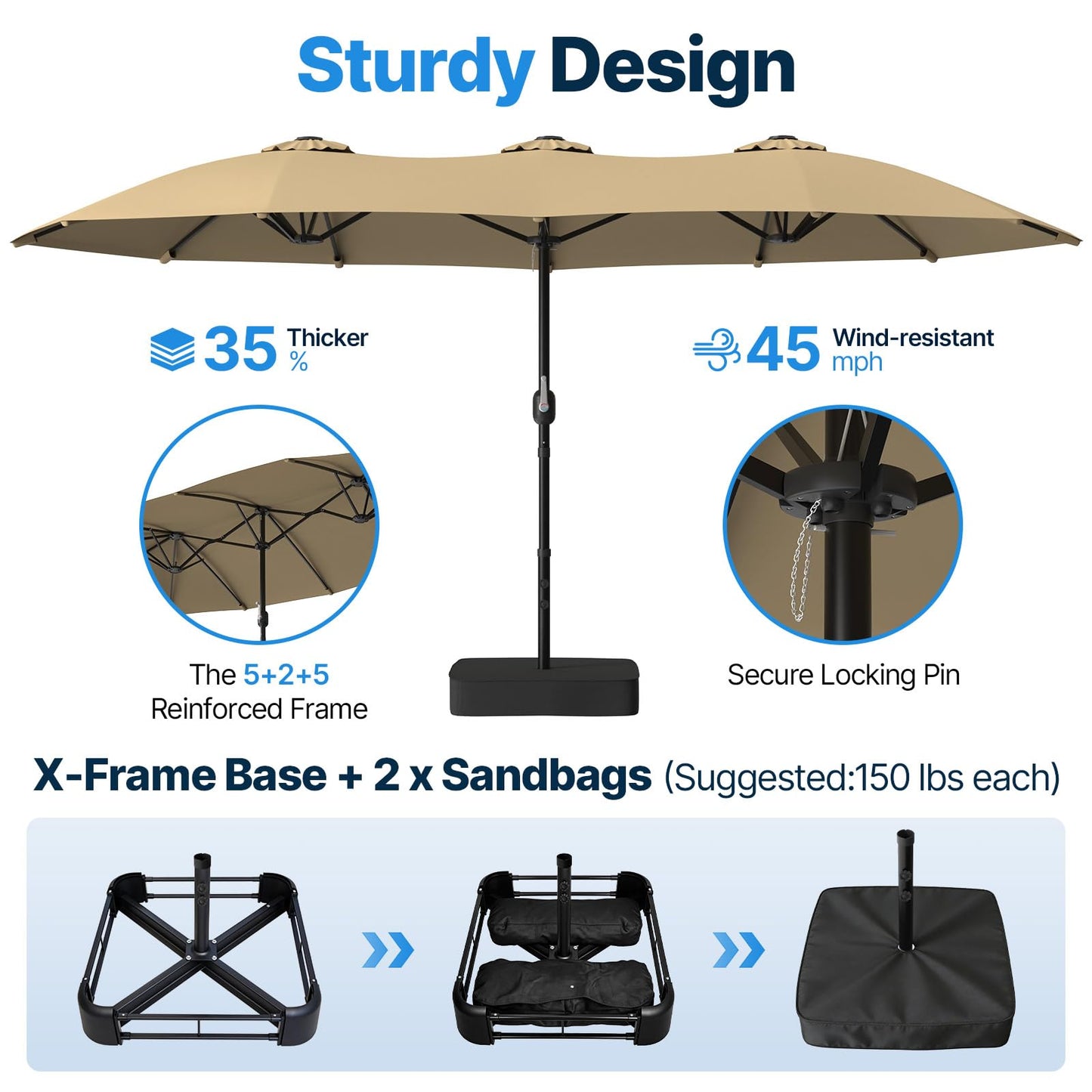 Suteck 15x9 ft Patio Umbrella with Base Included, Double-Sided Rectangle Outdoor Large Umbrella with Crank Handle, UV & Fade Resistant Canopy for Poolside, Backyard, Deck and Market, Beige