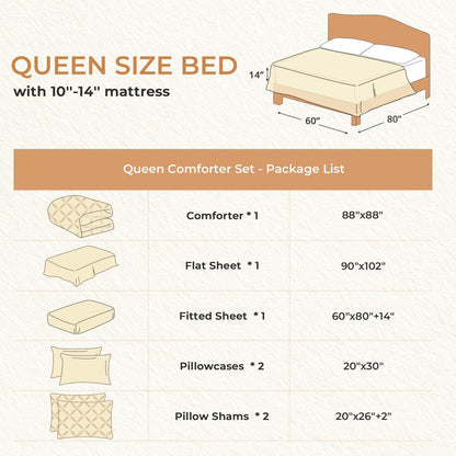 Sasttie Queen Comforter Set, 7-Piece Bed in a Bag, Pintuck Bedding Sets for All Season, Includes Comforter, Flat Sheet, Fitted Sheet, Pillowcases and Pillowshams, Beige