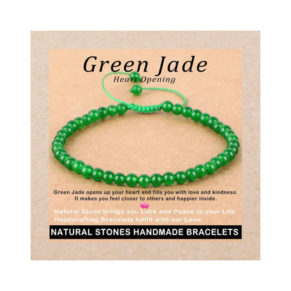 AD Beads 4mm Green Jade Bracelet - Stone of Heart Opening - Handmade Natural Stone Crystal Bracelet with Adjustable Macrame String - Yoga Healing Power Energy Gifts for Men and Women