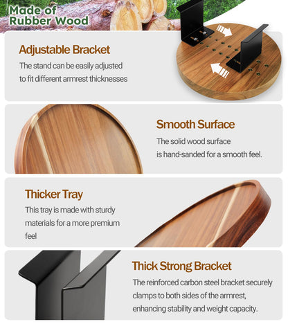 Semjar Acacia Wood Couch Arm Tray Table,Anti-Slip Adjustable Round Sofa Arm Tray,Wooden Armrest Caddy Table for Couches,Arm Chair Companion for Drinks Cellphone TV Remote Snacks