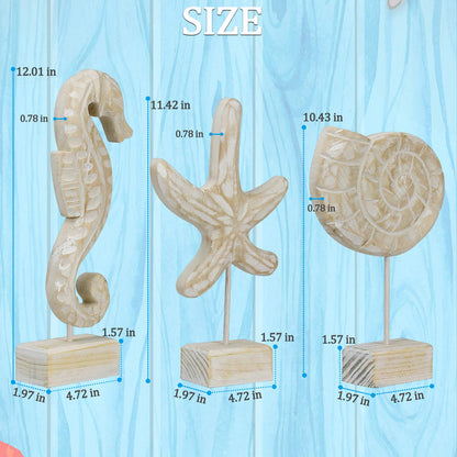 Exttlliy 3pcs Wood Handmade Beach Nautical Style Figurines Starfish/Conch/Seahorse Statue Home Decor Beach Decor Coastal Decor