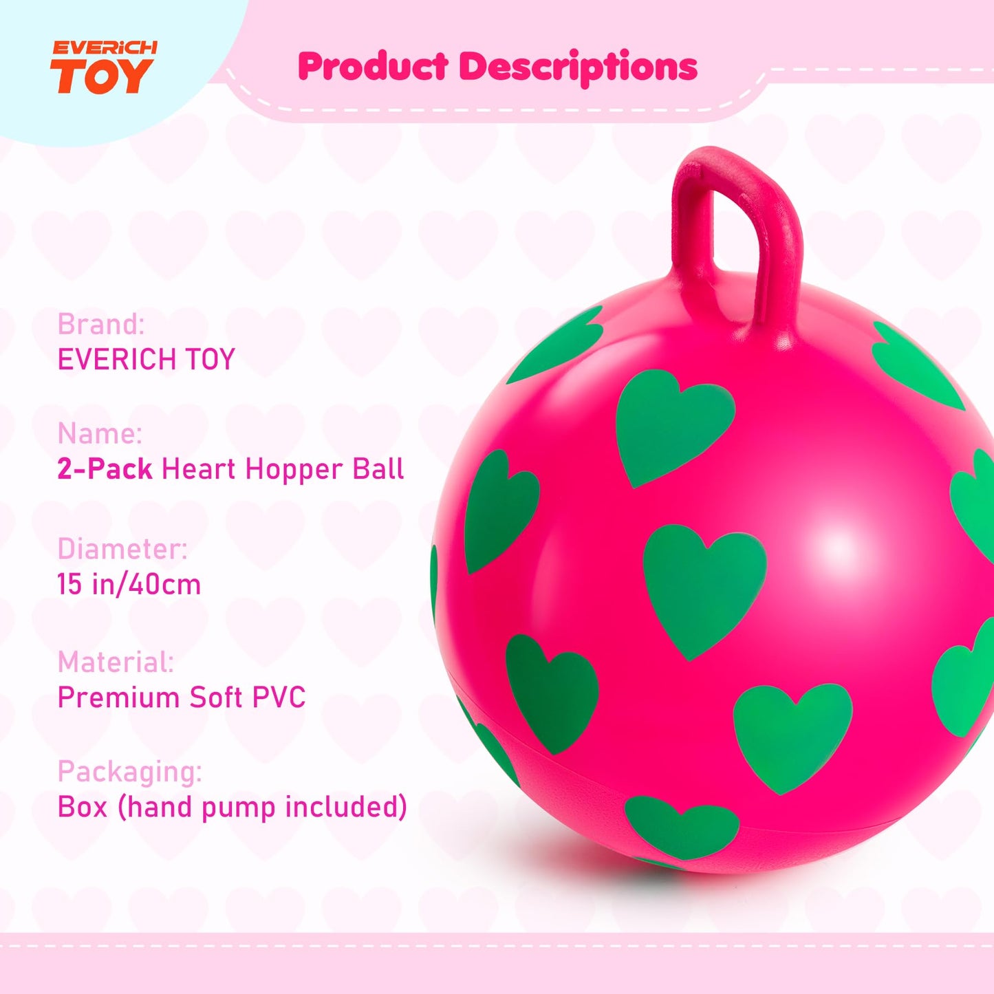 EVERICH TOY 2-Pack Hopper Ball for Kids, 15In Bouncy Ball with Handle, Full Heart Girls Toys for Indoor Outdoor Active Play, Great Balance Hopping Toys Gifts for 3 4 5 6 Yr Old Girls Boys
