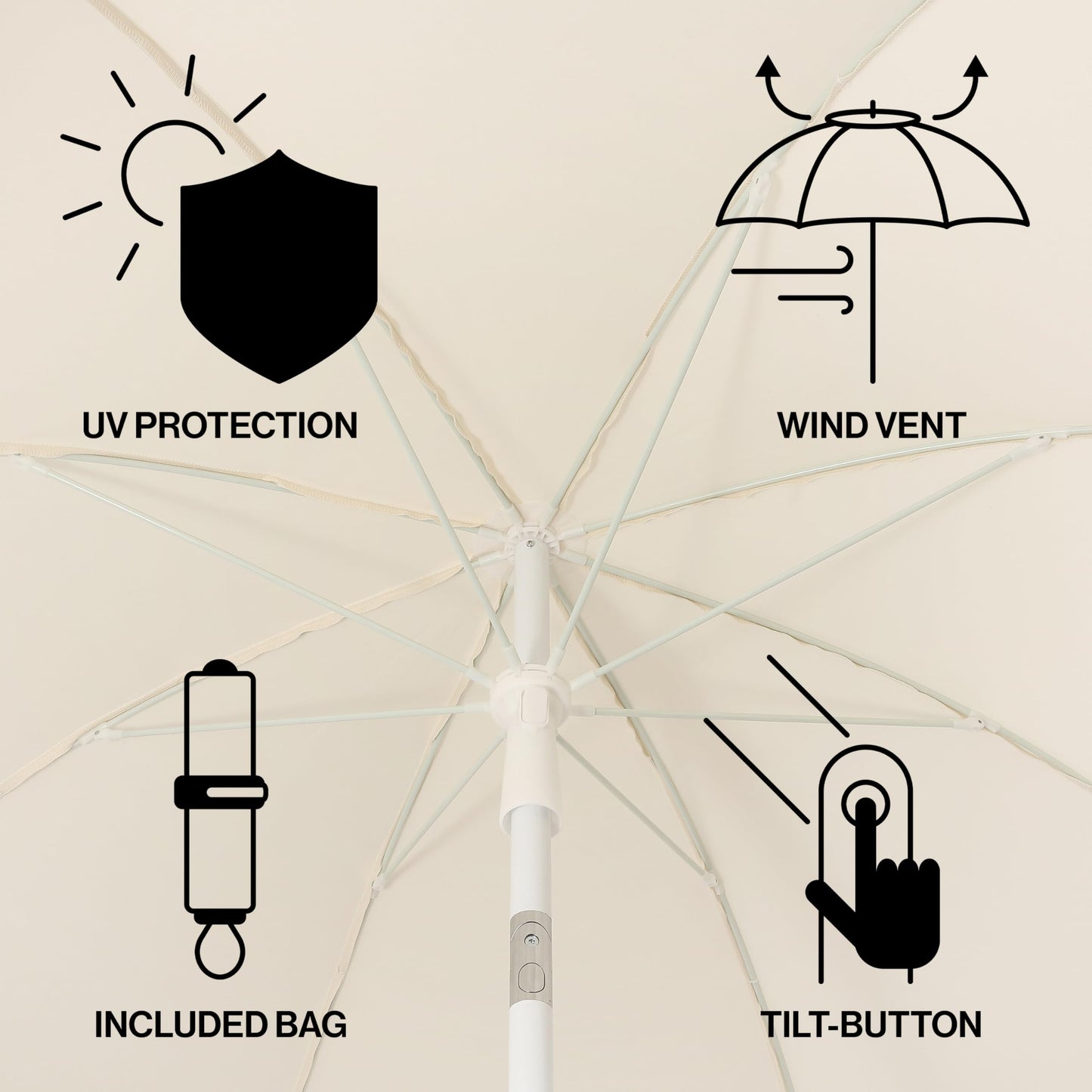 JONATHAN Y UMB1004C Horizon 6.5 ft. Classic MidCentury Scalloped Fringe Market Beach Umbrella with Push-Button Tilt, Wind Vent and UV Protection, and Matching Carry Bag in Cream/White, White Pole