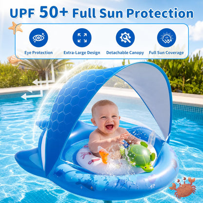 Inflatable Baby Pool Float with Sun Canopy, UPF50+Sun Protection, Portable & Easy to Store, Padded Safety Seat with, Includes Air Pump, with Toys Baby Swim Float for 6-36 Months Boys & Girls(Blue)