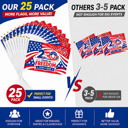 America 250th Anniversary Stick Flags 25/50 Pack – 1776-2026 Patriotic Hand Held American Flags, Small Mini USA Flags for Parade, Party, Classroom, Memorial Day, Independence Day & July 4th Decorations (50)
