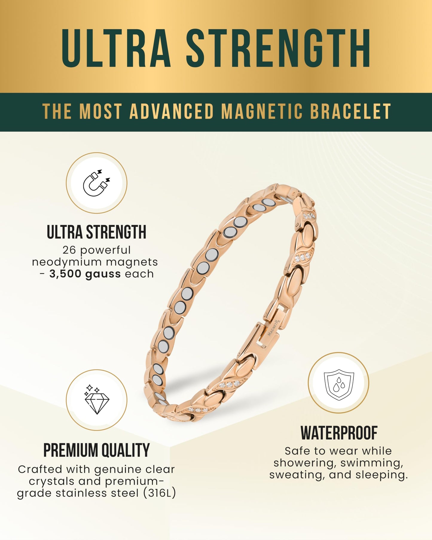 MagnetRX® Ultra Strength Magnetic Bracelets for Women – Double Magnet Stainless Steel Crystal Bracelet for Women – Adjustable Bracelet Length with Sizing Tool (Rose Gold XO)