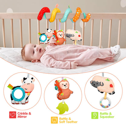 XIXILAND Car Seat Toys for Babies 0-6 Months Boy Girl Carseat Toys Hanging Spiral Stroller Toys, Infant Toys Baby Toys 0-6 Months Newborn Toys 0 3 Months Brain Development with Mirror Teether Rattle