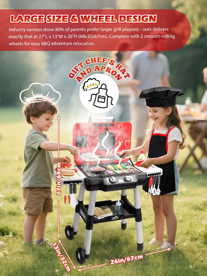 Kids Kitchen Toy Barbecue Grill Playset Cooking Interactive Toys with Smoke Sound Light Simulation Chef Apron Hat Little Chef Pretend Play Accessories Christmas Birthday Gift for Boys Girls