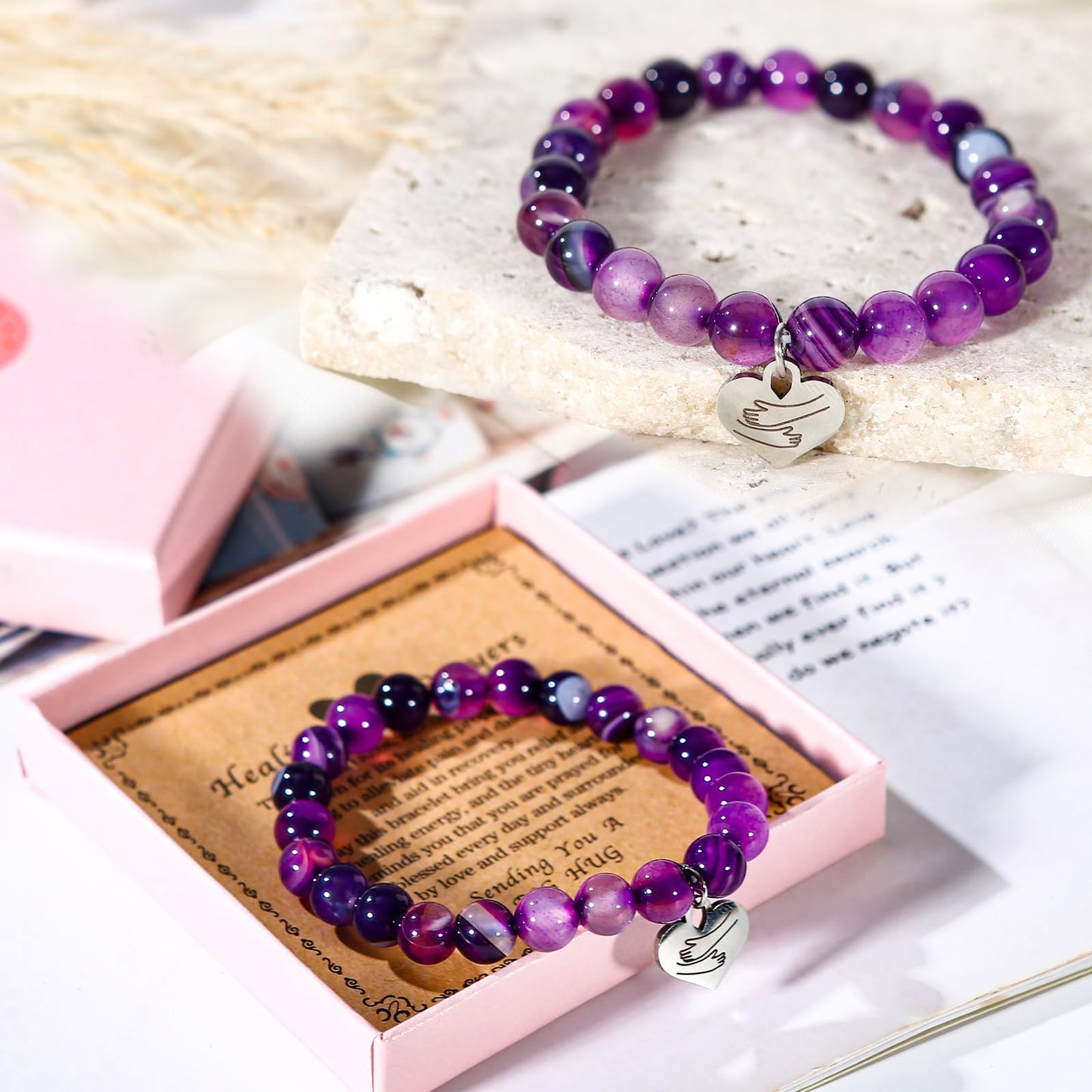 Encouragement Healing gifts,Natural Stone Amethyst Bracelet for Women ,Those Facing Illness or Anxiety to Get Well Soon, Inspirational Gifts on Thanksgiving Christmas Valentine's Day (Agate amethyst)