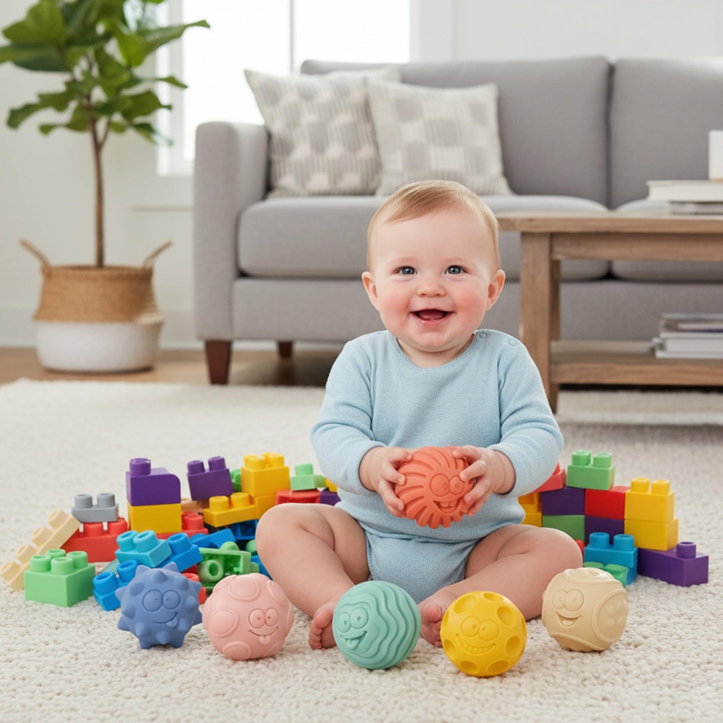 80PCS Baby Blocks Set with Storage Bucket + 6PCS Sensory Balls Bundle - Rubber Soft STEM Building Blocks for Babies 6+ Months, Textured Montessori Balls for Infants & Toddlers 6-12M, Tummy Time Gift