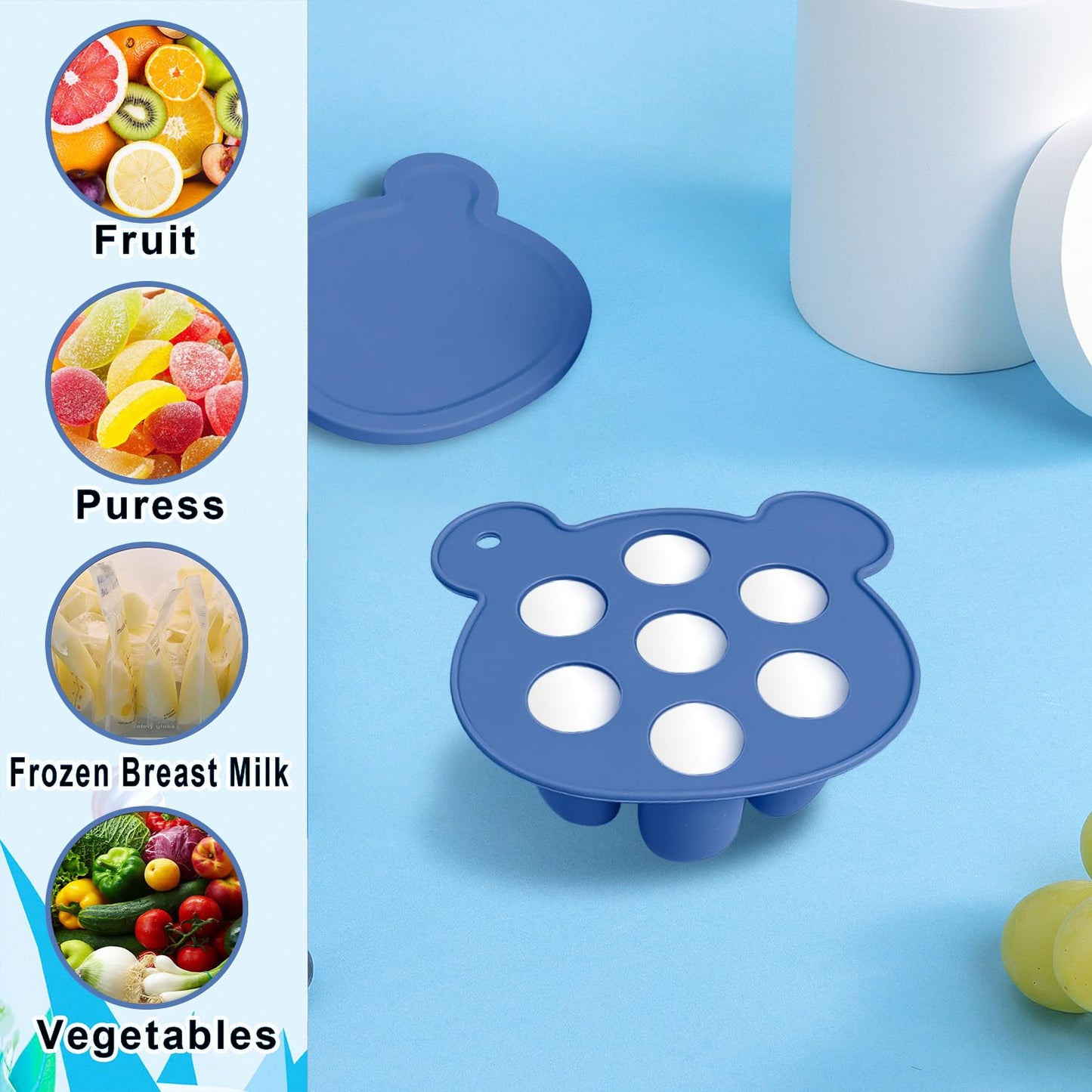 Gedebey 3-in-1 Baby Food & Fruit Feeder Set – Breastmilk Popsicle Mold with Freezer Tray, Teething Relief Toy, BPA Free Infant Silicone Feeding Combo, 3 Bonus Sizes (S/M/L) Sacs (Steel Blue)