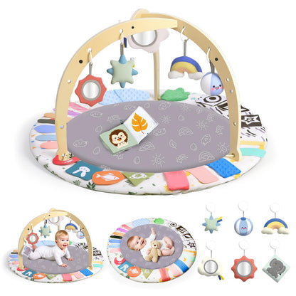 Baby Play Gym Activity Mat, WOOD CITY Tummy Time Play Mat for Babies 0-6 Months with 6 Detachable Newborn Infant Toys, Promote Motor Skills & Sensory Development Baby Essentials Gift