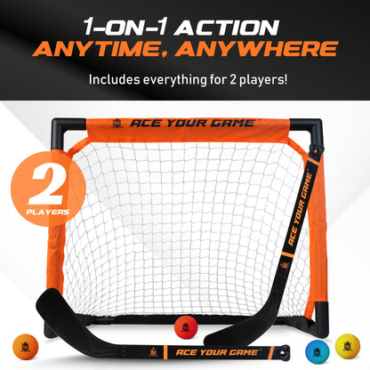 ACE HOCKEY - Shinny Hockey Set - Complete 2-Player Indoor/Outdoor Kit - Knee Hockey Goal Set (1) Goal, (2) Mini Sticks, and (4) Foam Balls - Mini Hockey Set