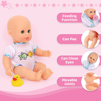 deAO Baby Doll Set with Bathtub,11PCS Doll Bath Set - Real Working Bathtub with Detachable Shower Spray,Toy Gift Set for 3+ Years Old Kids
