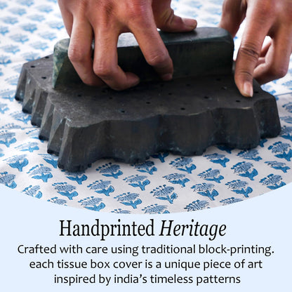 CPC Apatite Blue Hand Block Printed Cotton Tissue Box Cover 5" x 5" x 5.5" Square Soft Reusable Boho Napkin Holder for Home Kitchen Dining Bathroom Office Cafe Spa, Gift for Spring, Mother's Day
