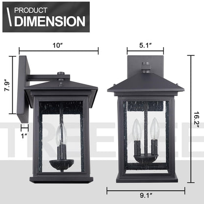 Treekee Outdoor Wall Light Fixtures, 16 Inch Waterproof Square Lanterns, 2-Light Exterior Porch Sconces Lighting with Seeded Glass Shade, Modern Black Lamps for Patio Front Door Entryway
