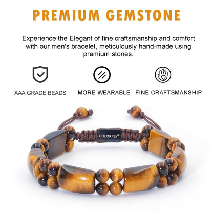 COLORFEY Mens Tiger Eye Crystal Bracelets Genuine Beaded Bracelet Premium Tiger Eye Stone Bracelets for Men Natural Gemstone Bracelet, Handmade Energy Stone Jewelry for Him Ultimate Protection