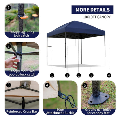 10x10 Pop Up Canopy Tent with 2 Sidewalls, Easy Up Canopy Upgraded Outdoor Party Sun Shade Tent Portable Gazebo for Beach Camping Events with Carry Bag and 4 Sand Bags (Navy Blue-New)