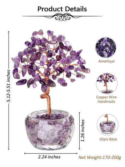 Top Plaza Healing Crystals Amethyst Crystal Tree with Glass Base Handmade Natural Gemstone Life Tree Mini Bonsai Money Trees Good Luck Home Office Desk Decor