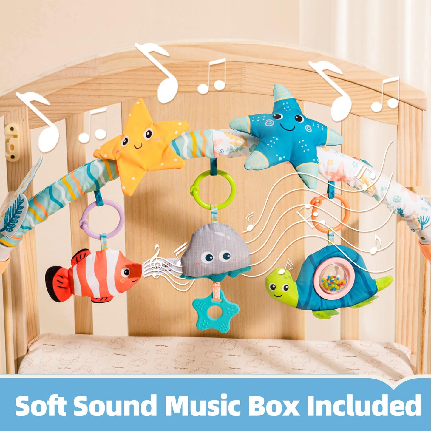 Baby Stroller Arch Toy for Infant & Toddler 0-6 Months, Musical Travel Car Seat Toys W/ Teether, Adjustable Mobile Arm for Crib, Bassinet, Pram, Bjorn Bounce Bar Activity Hanging Accessory 6-12(Sea)