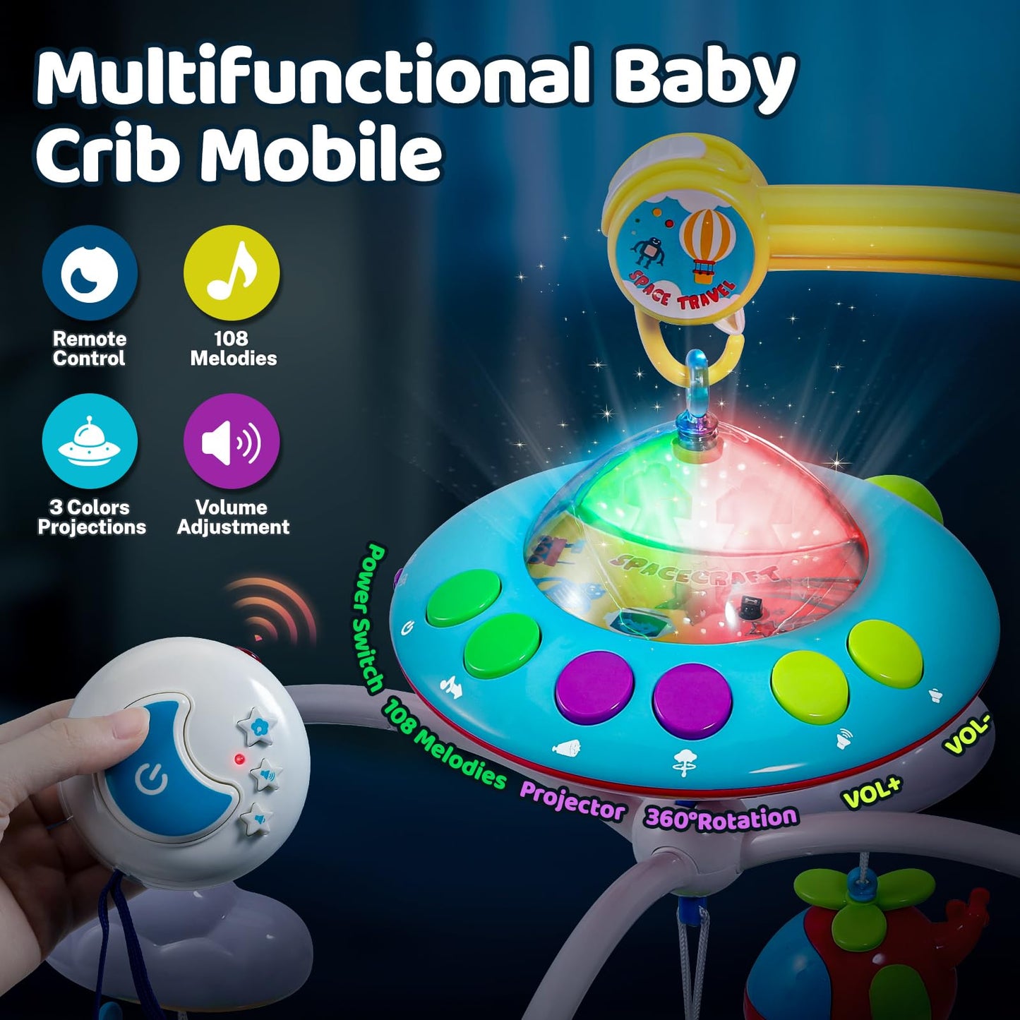 BOBXIN Baby Mobile for Crib, Crib Mobile with Projector and 108 Melodies Music, Crib Toys with Remote Control and Hanging Rattles Rotating,Toy for Newborn and Baby Boy Girl Sleep
