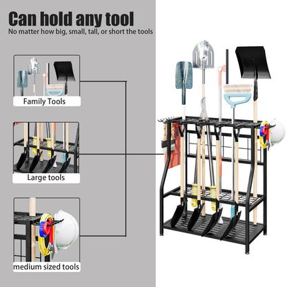 YIZAIJIA Garden Tool Organizer Holder Heavy Duty Steel Rack Up to 60 Long Handled Tools for Garage Shed Outdoor Garden Yard Black