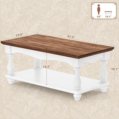 Besiost Farmhouse Coffee Table with Storage, 47" Mid Century Coffee Tables for Living Room, Modern 2-Tier Rectangle Coffee Table with Solid Wood Legs, Vintage Living Room Tables, Rustic Brown