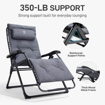 EVER ADVANCED Thick Padded Zero Gravity Chair, Oversized Reclining Lounge Chair with Adjustable Headrest & Cup Holder, Heavy Duty Support 350 lbs, Foldable for Camping, Lawn, Outdoor & Indoor, Gray