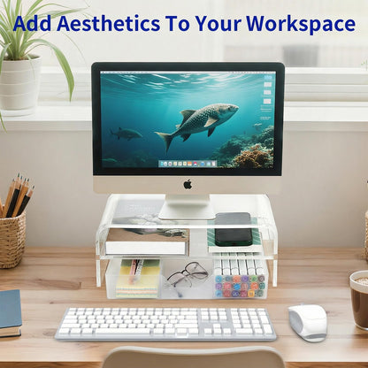 OPNICE Acrylic Clear Desk Organizers and Accessories, 2-Tier Computer Monitor Stand Riser with Drawer, Laptop Stand, Office Desk Accessories for Office Supplies, Transparent