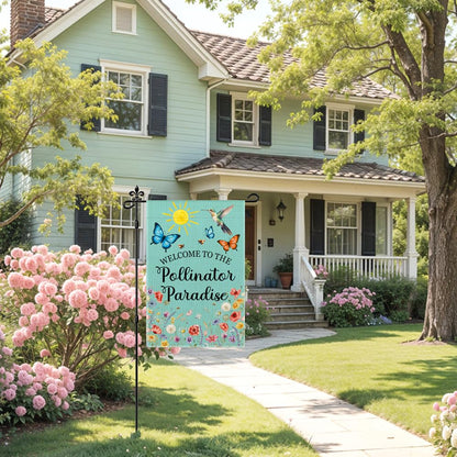 JQYCJTR Welcome To The Pollinator Paradise Garden Flag Double Sided Yard Outdoor Decoration 12x18 Inch, Birds And Plants Welcome Yard Garden Flag, Gardener's Lover Porch Decoration Banner