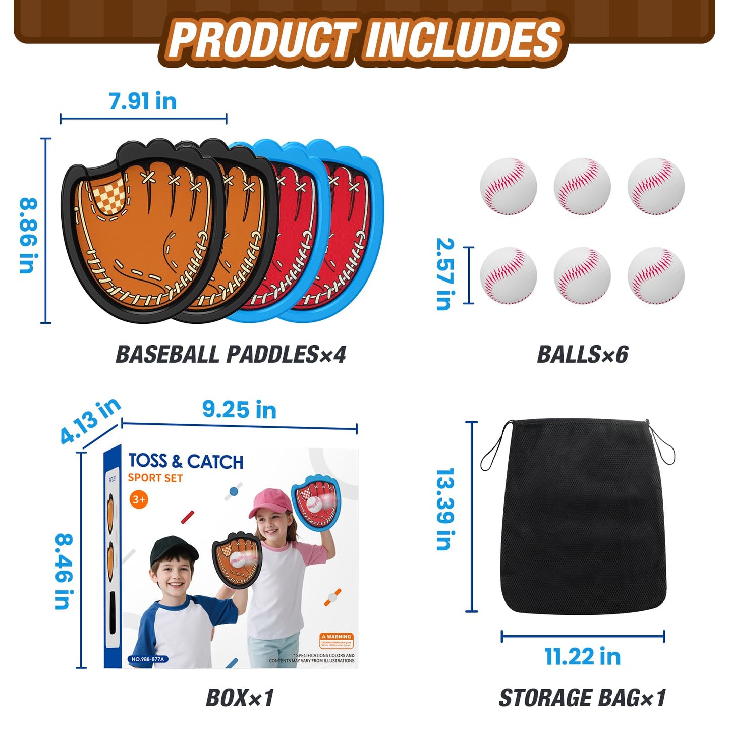 HYES Toss and Catch Ball Game, Outdoor Toys for Kids, Beach Pool Yard Games for Teens & Family, Toddler Baseball Glove Birthday Gifts for 3 4 5 6 7 8+ Year Old Boys & Girls (4 Paddles & 6 Balls)
